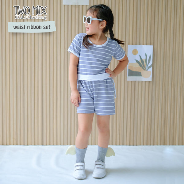 Two Mix - Baju Setelan Anak Perempuan Celana Pendek Salur Lucu 1-8 Tahun 4366