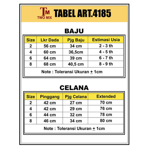 Two Mix Setelan Baju / Setelan Anak Polos / Setelan Unisex Usia 1-8 Tahun 4185