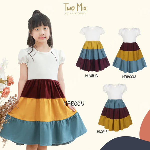 Two Mix Dress Anak Ruffle Perempuan Bahan Kaos Scuba - Dres Anak Wanita Kasual Usia 1-12 Tahun 4255