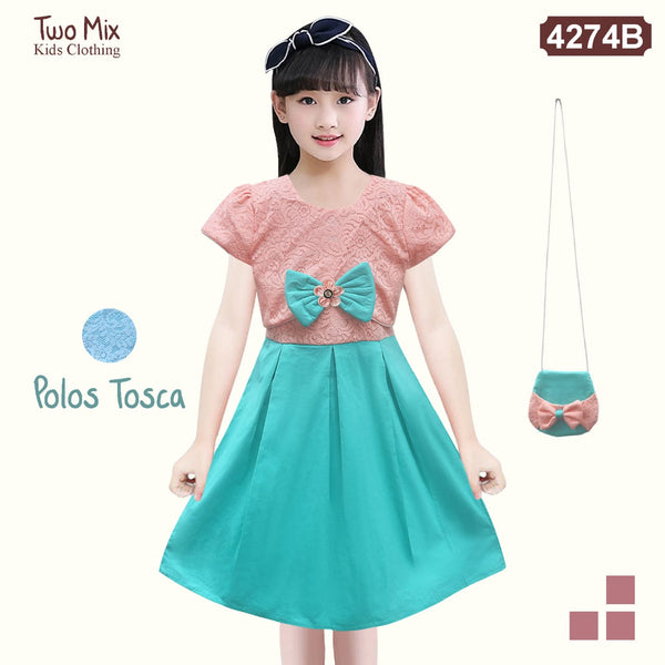 Two Mix Dress Anak Perempuan Bahan Kain Satin - Baju Anak Perempuan Fashion Usia 1-12 Tahun 4274