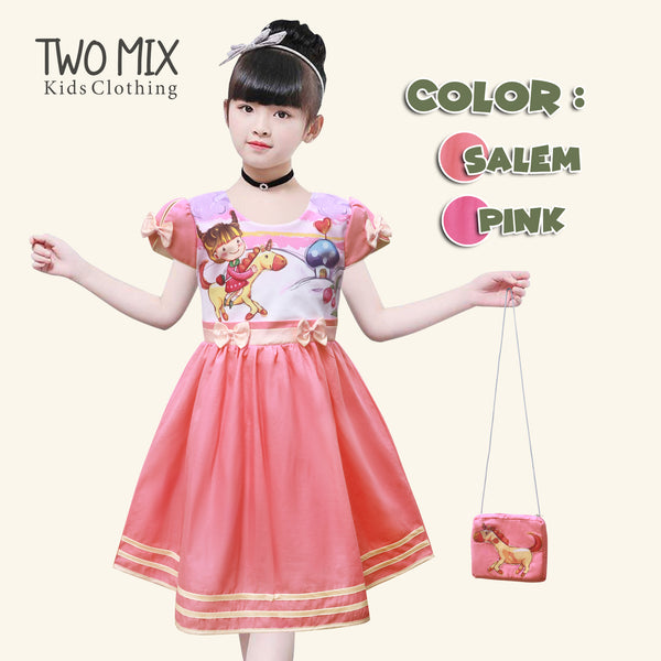 Two Mix Baju Anak Anak Perempuan - Dress Anak Cewek Fashion Bahan Kaos dan Satin Usia 1-12 Tahun 4258