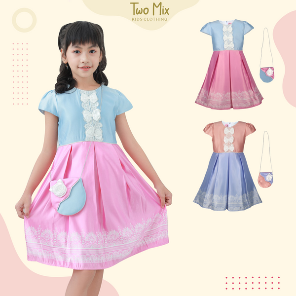 Two Mix Dress Anak Perempuan Bahan Satin - Baju Anak Perempuan Fashion Gratis Tas Anak Lucu Usia 1-12 Tahun 4256