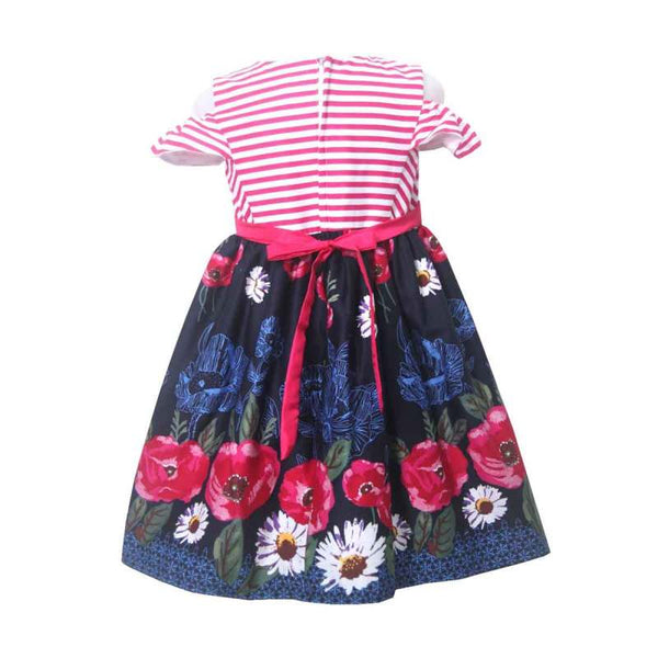 Gaun Anak Perempuan / Gaun Anak Cewe / Terlaris / Termurah / Dress Anak Perempuan Salur Dengan Bunga Cantik 2684 Size 1 , Size 2 , Size 3