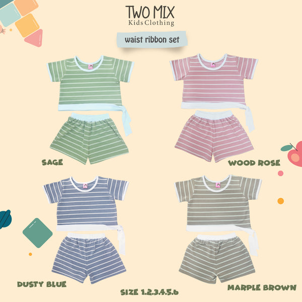Two Mix - Baju Setelan Anak Perempuan Celana Pendek Salur Lucu 1-8 Tahun 4366